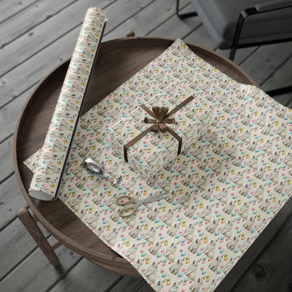 Great Pyrenees Birthday Wrapping Paper — gift wrapping presented on a wooden table
