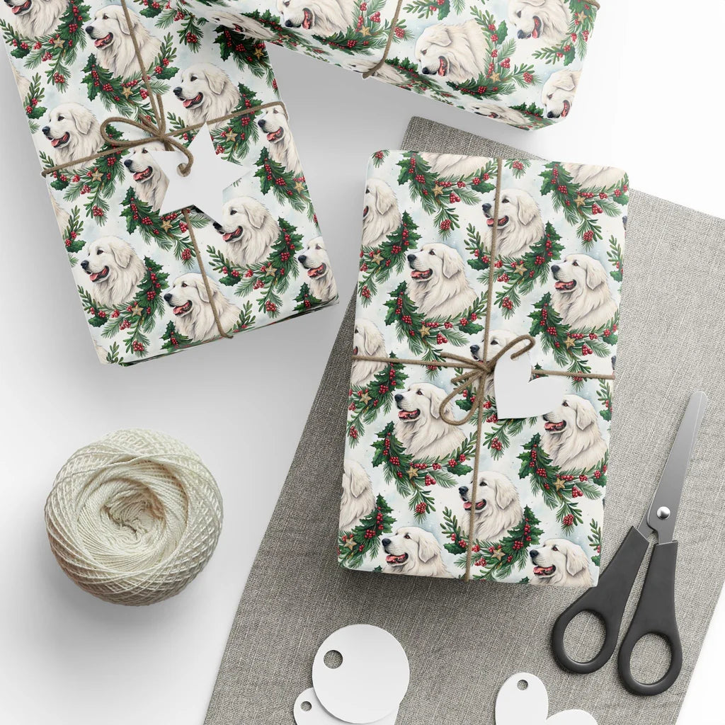 Great Pyrenees Portrait Wreath Wrapping Paper — styled gift wrapping with scissors and twine