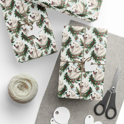 Great Pyrenees Portrait Wreath Wrapping Paper — styled gift wrapping with scissors and twine