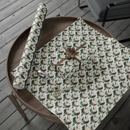 Great Pyrenees Portrait Wreath Wrapping Paper — gift wrapping presented on a wooden table
