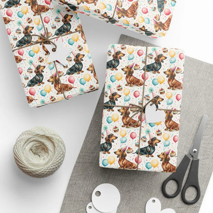 Happy Birthday Dachshund Wrapping Paper — styled gift wrapping with scissors and twine