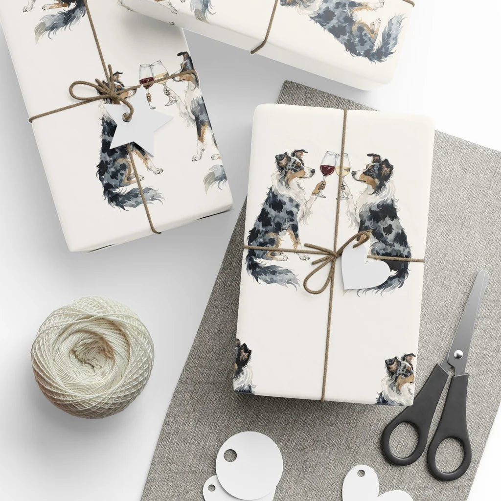 Happy Hour Australian Shepherd Wrapping Paper — styled gift wrapping with scissors and twine