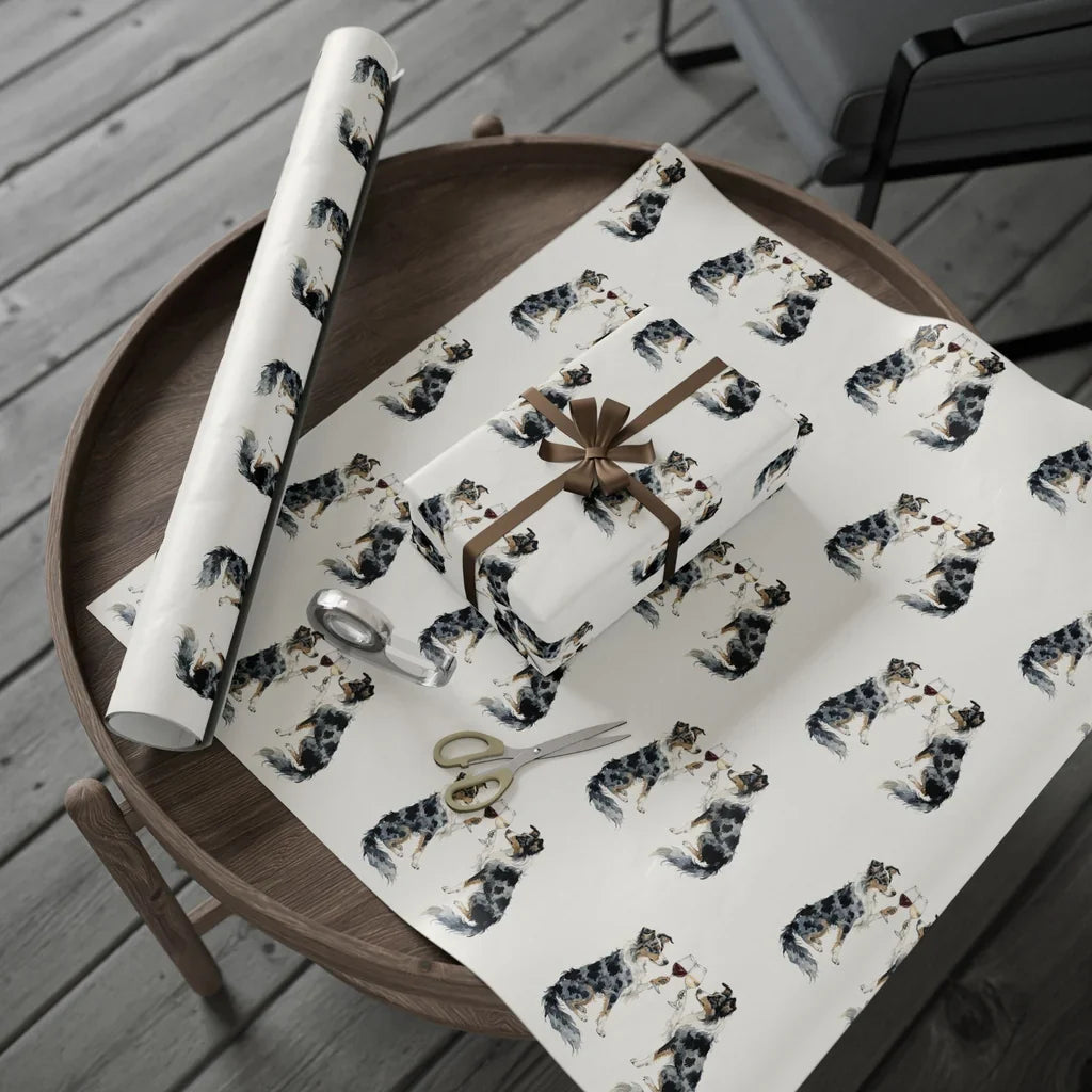 Happy Hour Australian Shepherd Wrapping Paper — gift wrapping presented on a wooden table