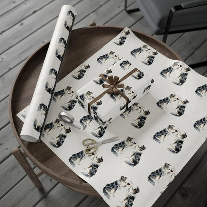 Happy Hour Australian Shepherd Wrapping Paper — gift wrapping presented on a wooden table