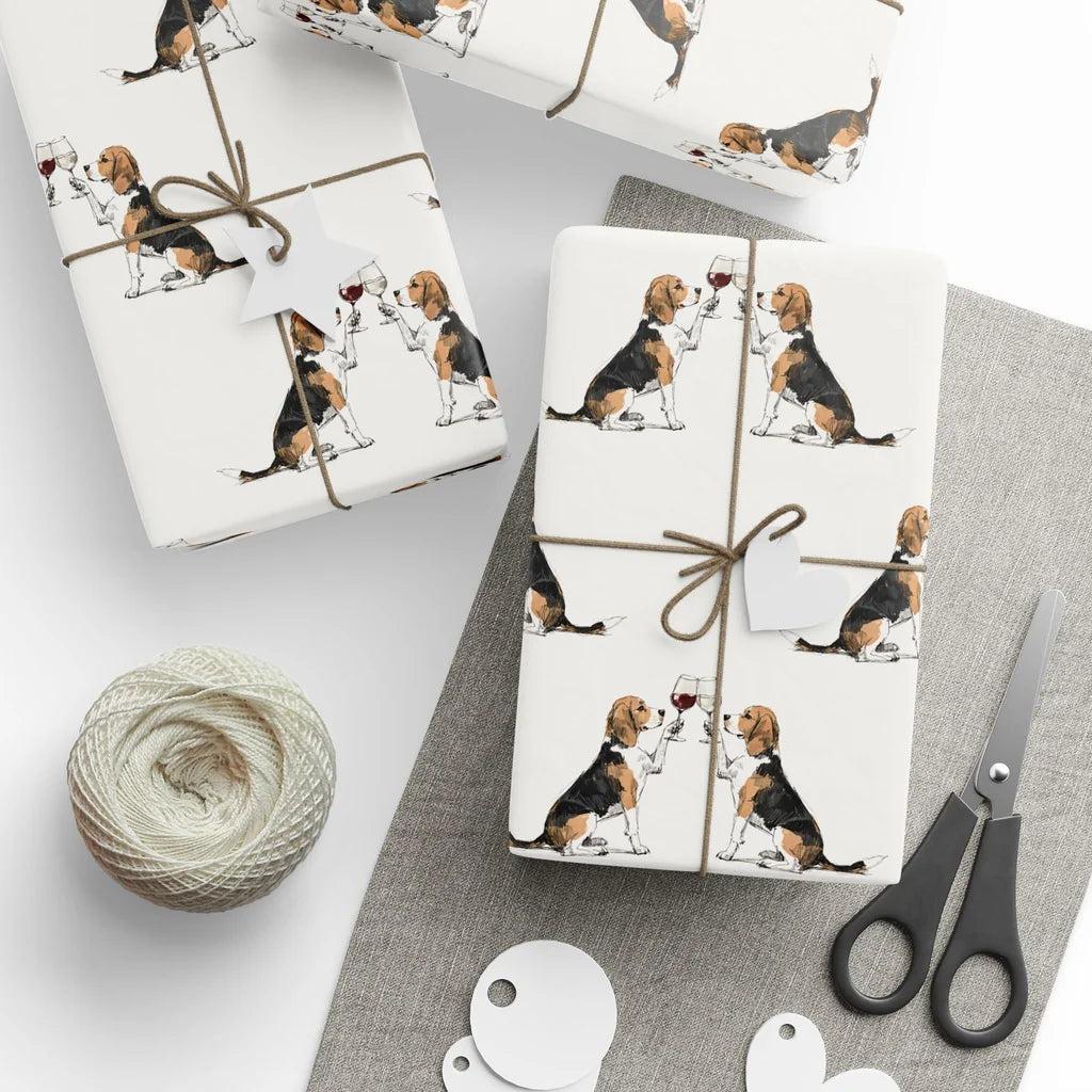 Happy Hour Beagle Wrapping Paper — styled gift wrapping with scissors and twine