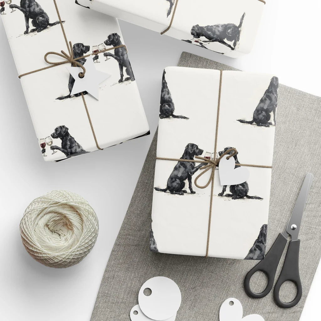 Happy Hour Black Labrador Retriever Wrapping Paper — styled gift wrapping with scissors and twine