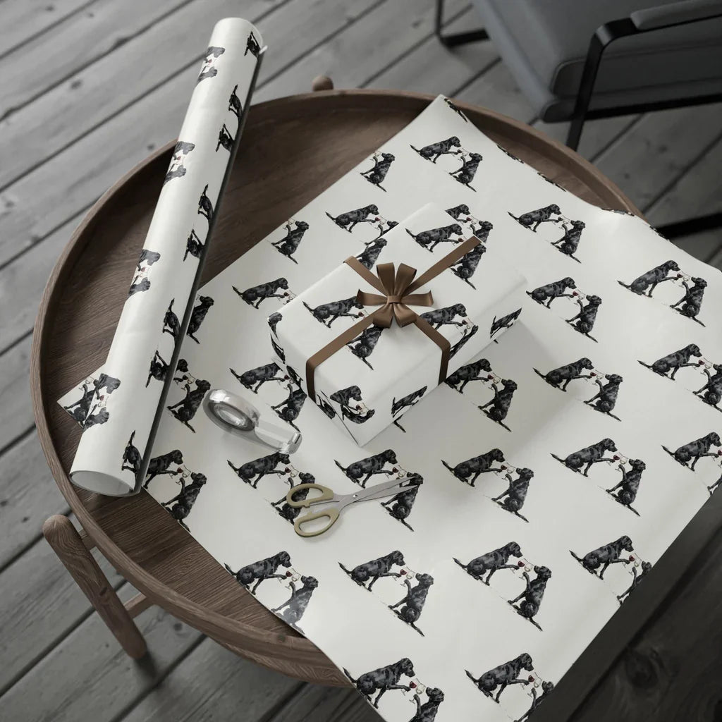 Happy Hour Black Labrador Retriever Wrapping Paper — gift wrapping presented on a wooden table