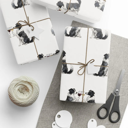 Happy Hour Border Collie Wrapping Paper — styled gift wrapping with scissors and twine