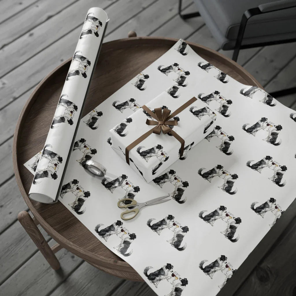 Happy Hour Border Collie Wrapping Paper — gift wrapping presented on a wooden table