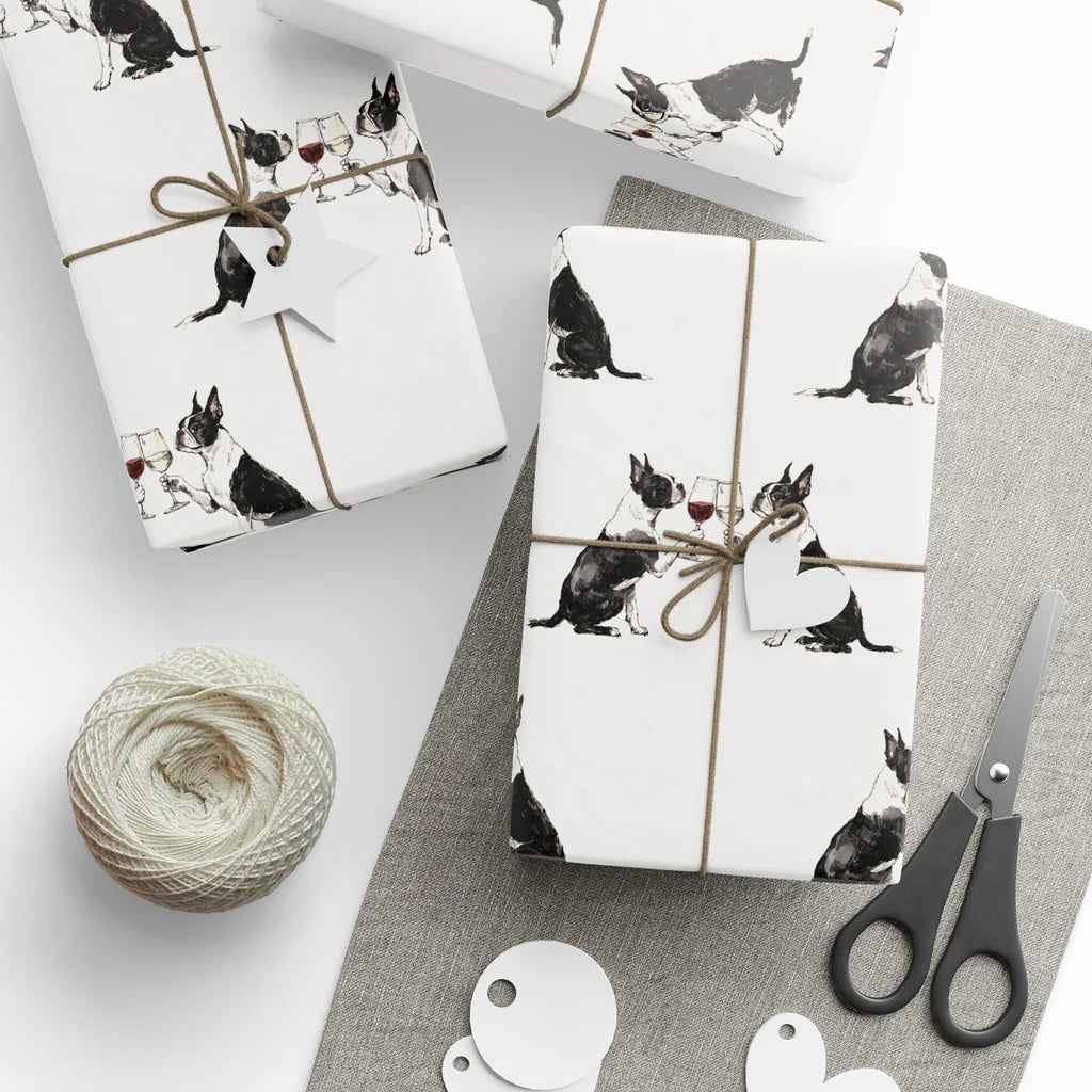 Happy Hour Boston Terrier Wrapping Paper — styled gift wrapping with scissors and twine
