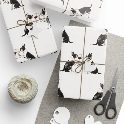 Happy Hour Boston Terrier Wrapping Paper — styled gift wrapping with scissors and twine