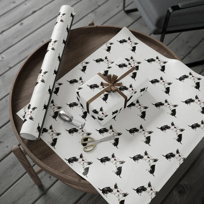 Happy Hour Boston Terrier Wrapping Paper — gift wrapping presented on a wooden table