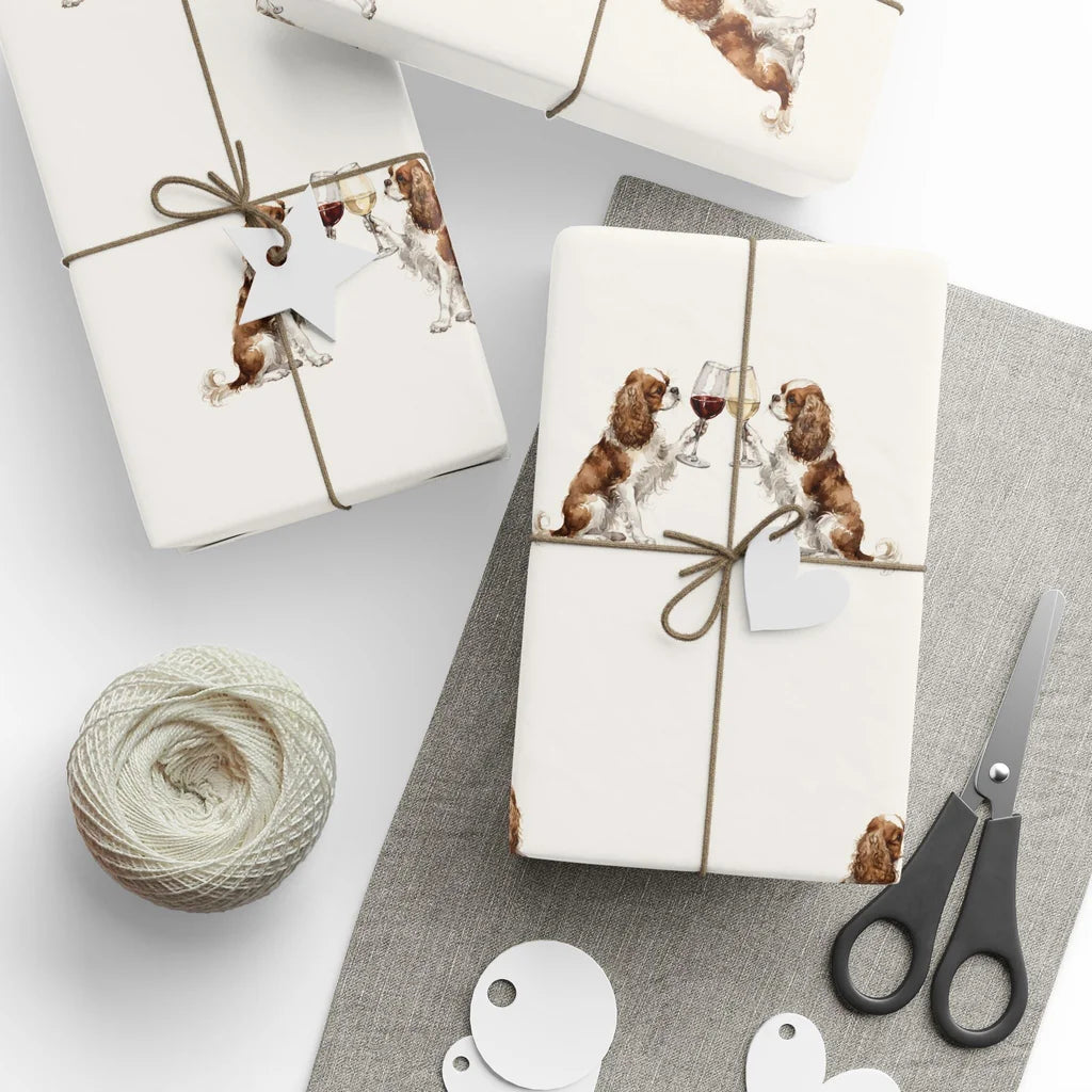 Happy Hour Cavalier King Charles Spaniel Wrapping Paper — styled gift wrapping with scissors and twine