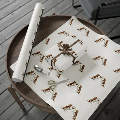 Happy Hour Cavalier King Charles Spaniel Wrapping Paper — gift wrapping presented on a wooden table