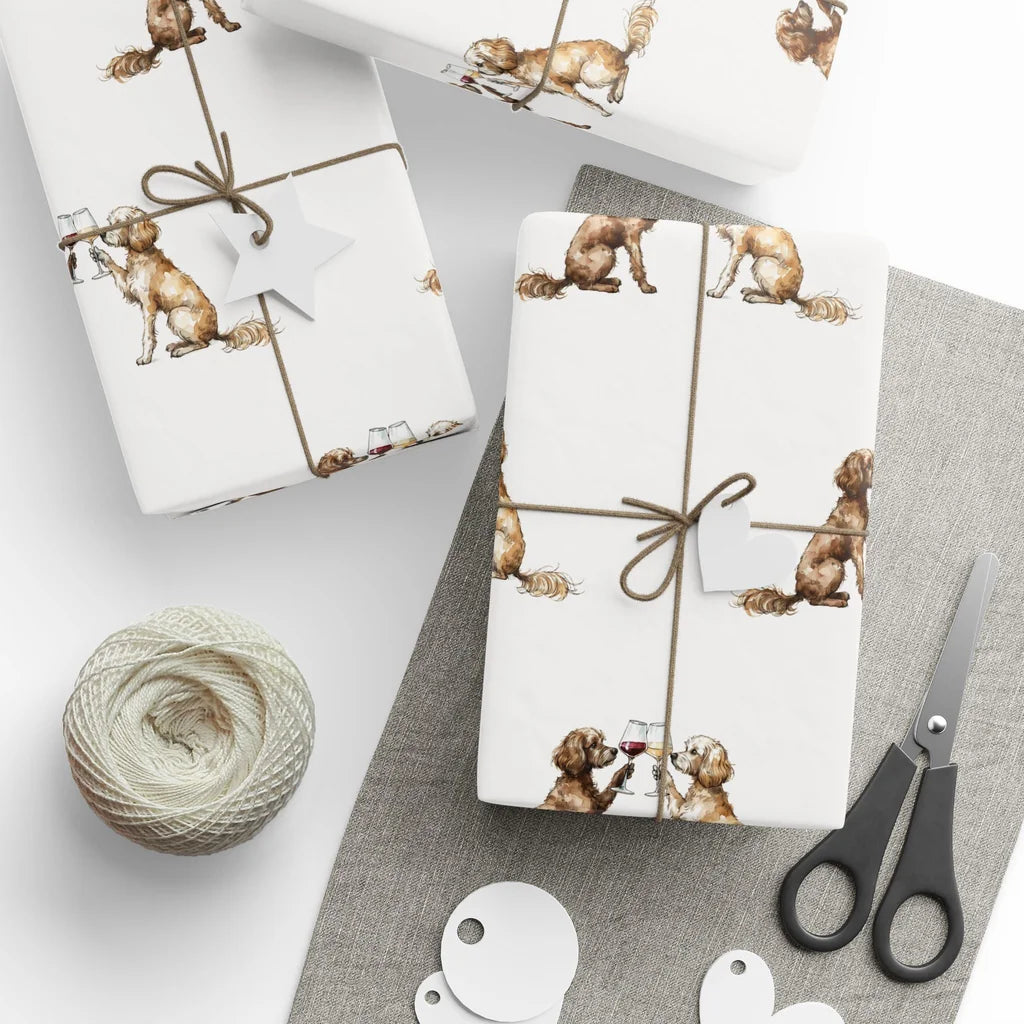 Happy Hour Cavapoo Wrapping Paper — styled gift wrapping with scissors and twine
