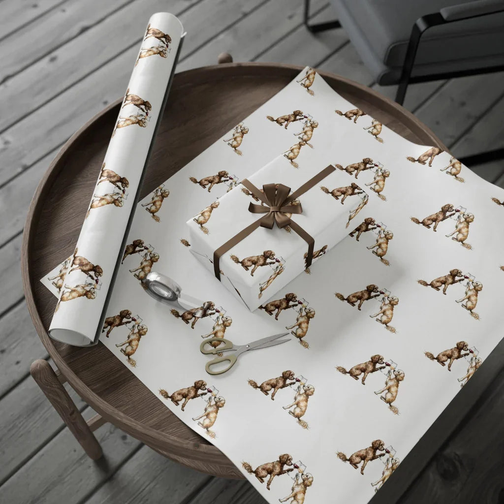 Happy Hour Cavapoo Wrapping Paper — gift wrapping presented on a wooden table