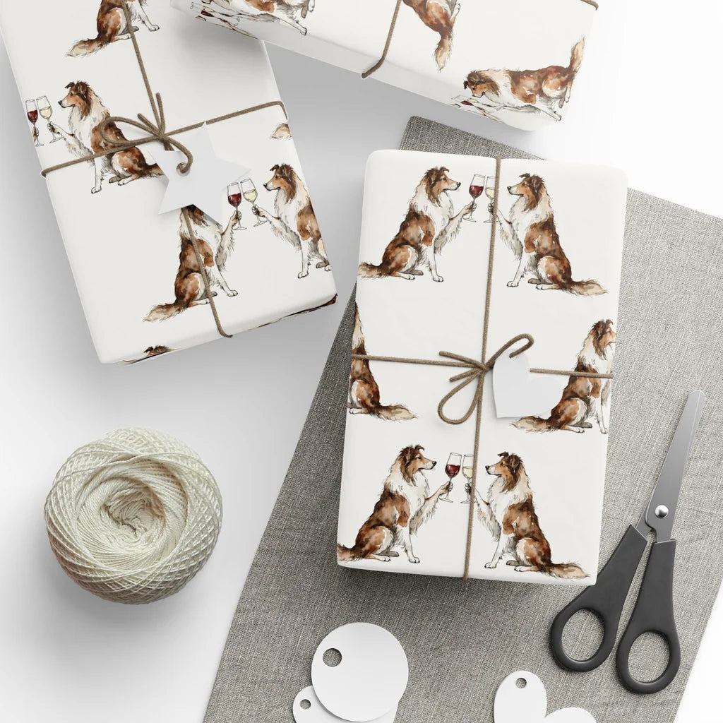 Happy Hour Collie Wrapping Paper — styled gift wrapping with scissors and twine