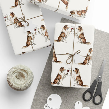 Happy Hour Collie Wrapping Paper — styled gift wrapping with scissors and twine