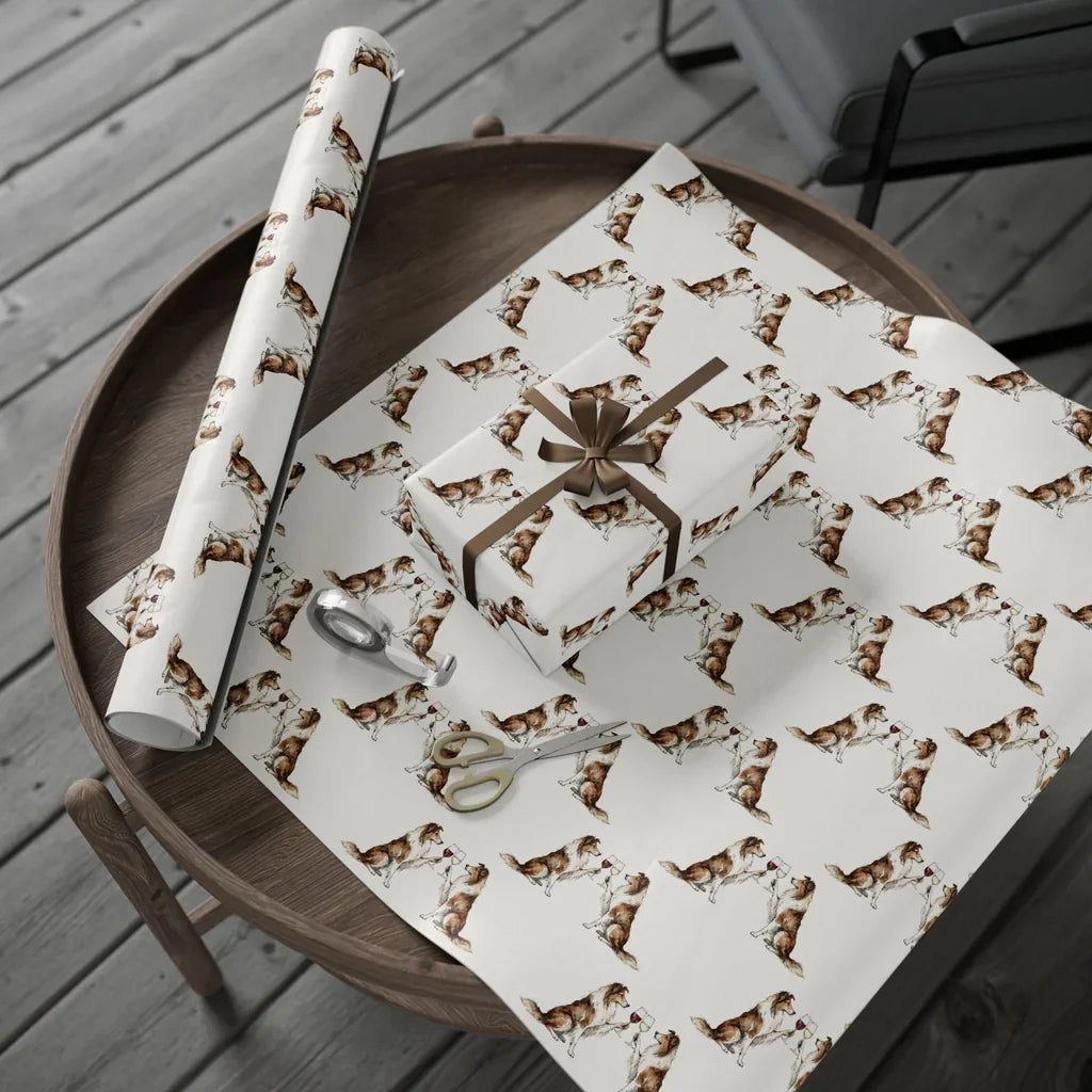 Happy Hour Collie Wrapping Paper — gift wrapping presented on a wooden table
