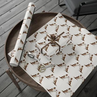 Happy Hour Collie Wrapping Paper — gift wrapping presented on a wooden table