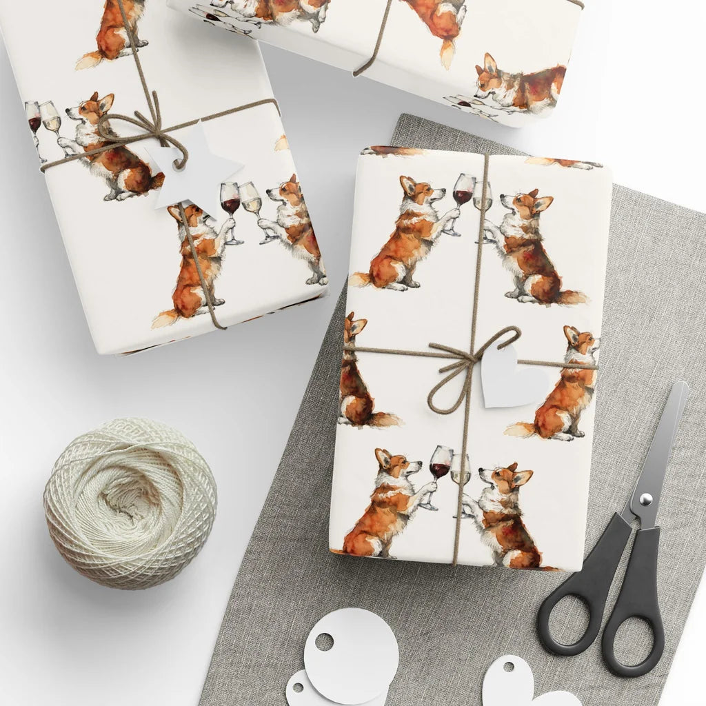 Happy Hour Corgi Wrapping Paper — styled gift wrapping with scissors and twine