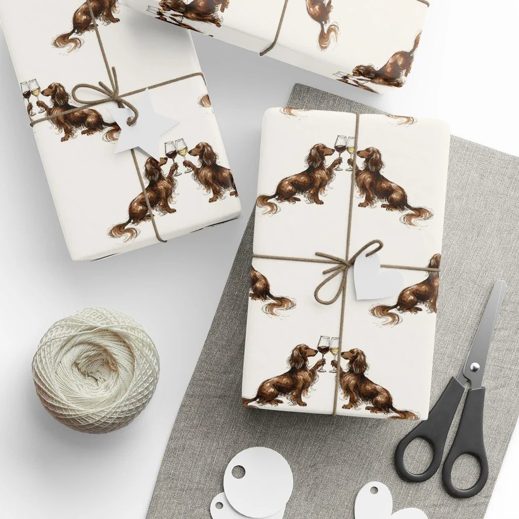 Happy Hour Dachshund Wrapping Paper — styled gift wrapping with scissors and twine
