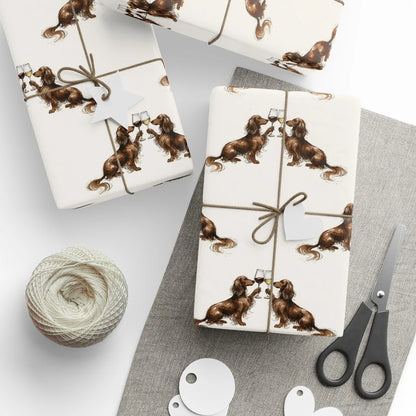 Happy Hour Dachshund Wrapping Paper — styled gift wrapping with scissors and twine