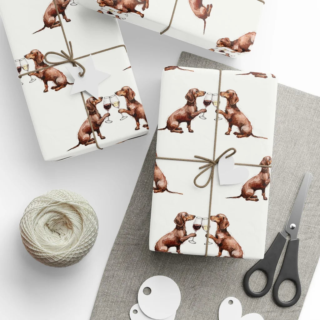 Happy Hour Dachshund Wrapping Paper — styled gift wrapping with scissors and twine
