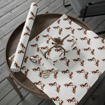 Happy Hour Dachshund Wrapping Paper — gift wrapping presented on a wooden table