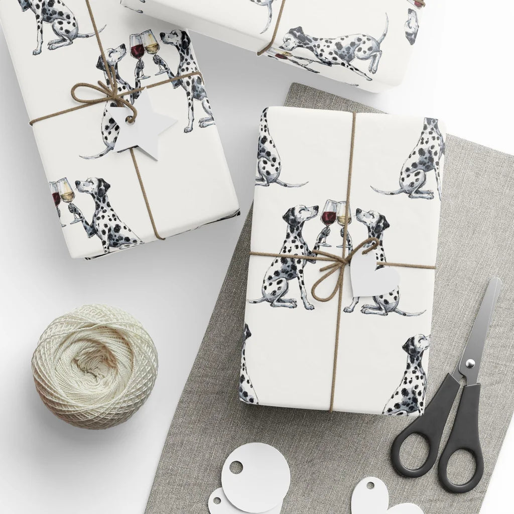 Happy Hour Dalmatian Wrapping Paper — styled gift wrapping with scissors and twine