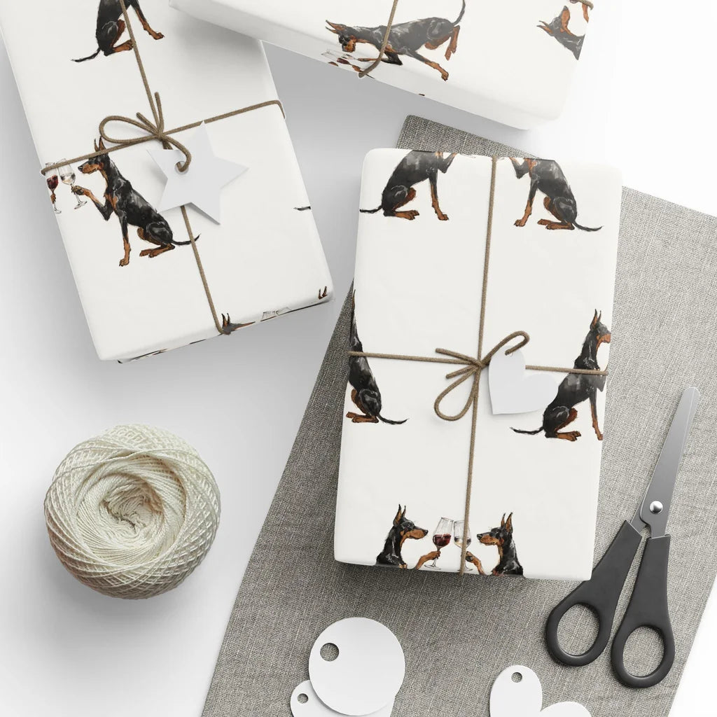 Happy Hour Doberman Wrapping Paper — styled gift wrapping with scissors and twine