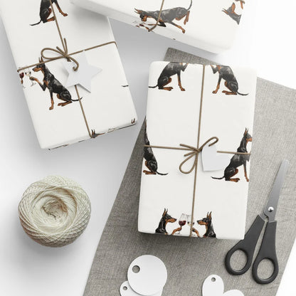 Happy Hour Doberman Wrapping Paper — styled gift wrapping with scissors and twine