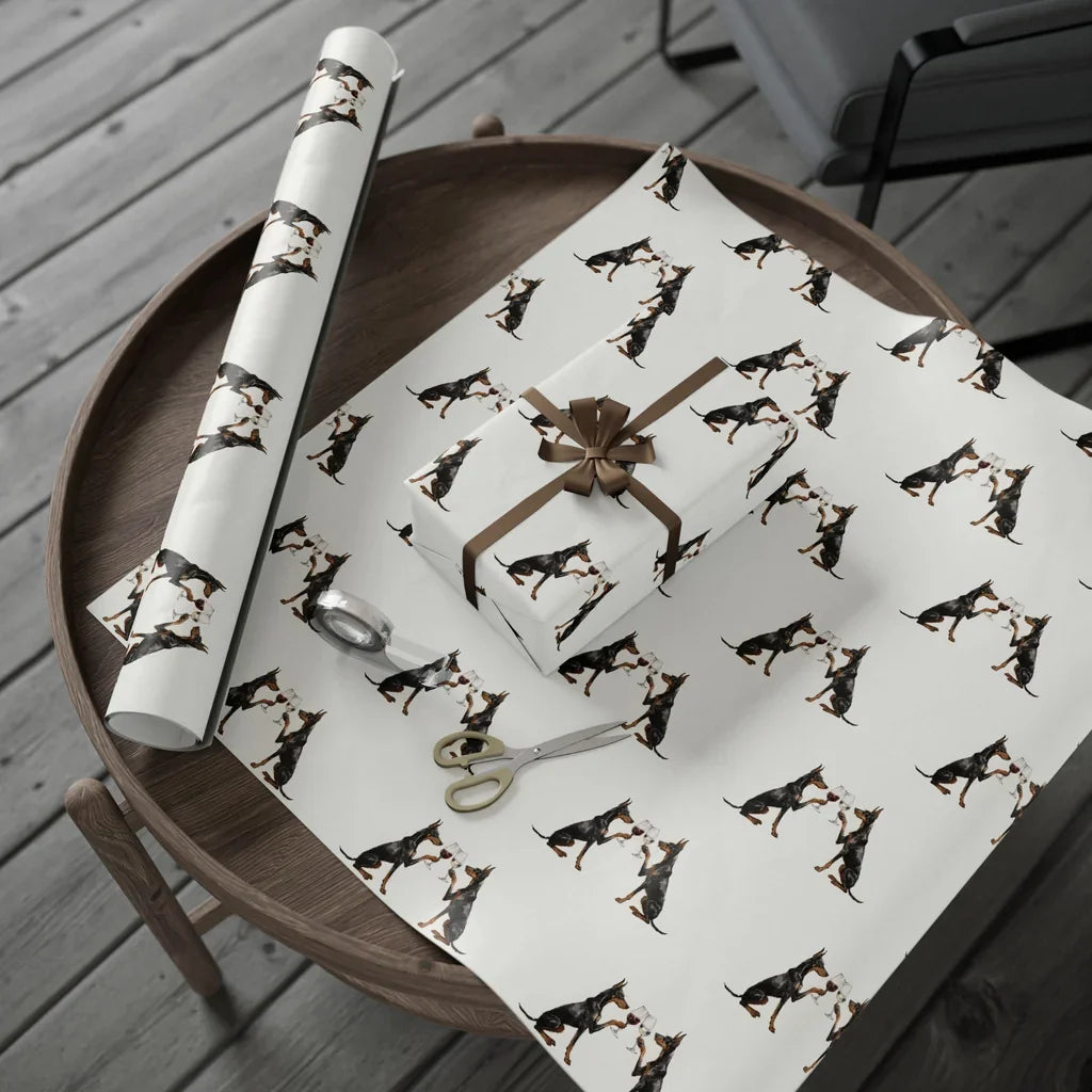 Happy Hour Doberman Wrapping Paper — gift wrapping presented on a wooden table