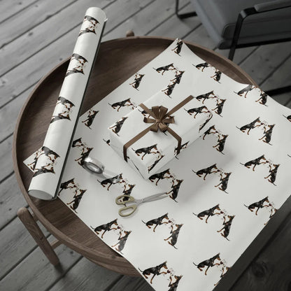 Happy Hour Doberman Wrapping Paper — gift wrapping presented on a wooden table
