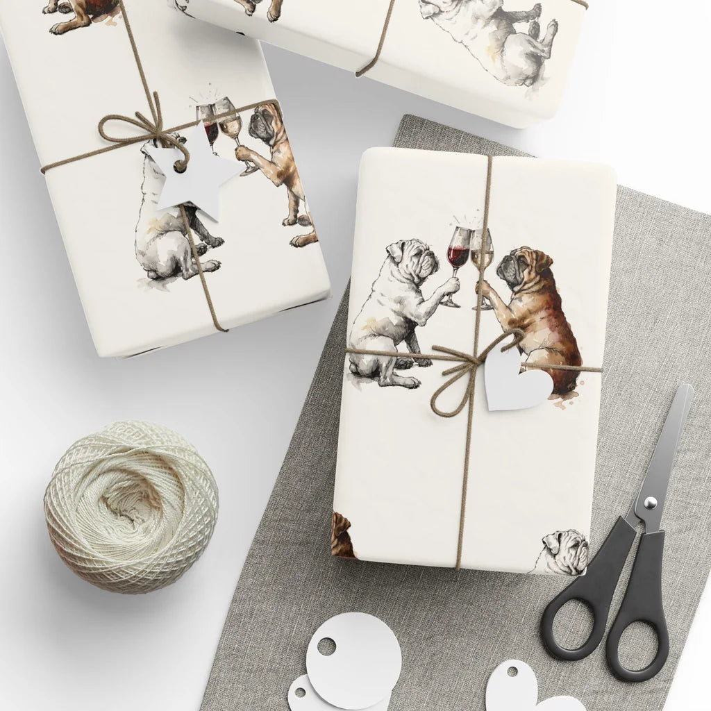 Happy Hour English Bulldog Wrapping Paper — styled gift wrapping with scissors and twine