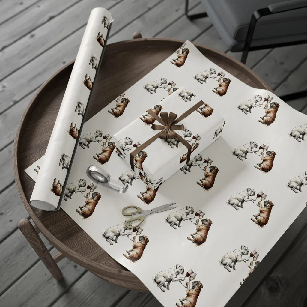 Happy Hour English Bulldog Wrapping Paper — gift wrapping presented on a wooden table