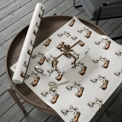 Happy Hour English Bulldog Wrapping Paper — gift wrapping presented on a wooden table