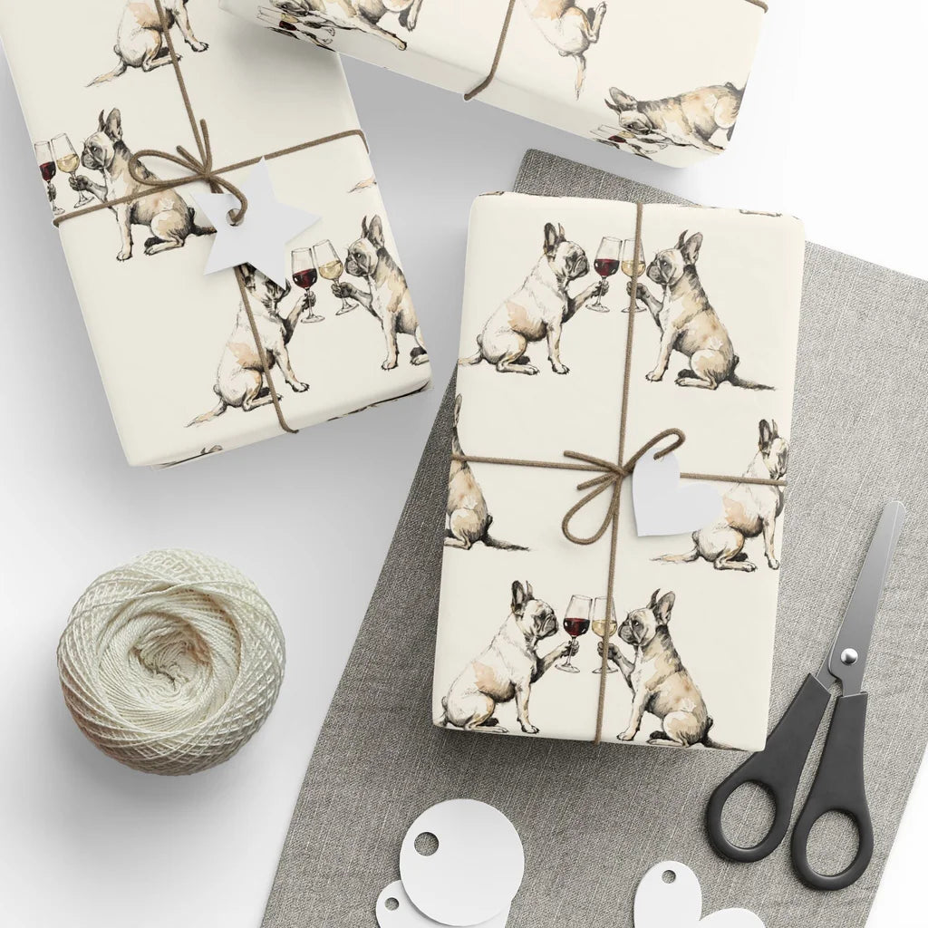 Happy Hour French Bulldog Wrapping Paper — styled gift wrapping with scissors and twine