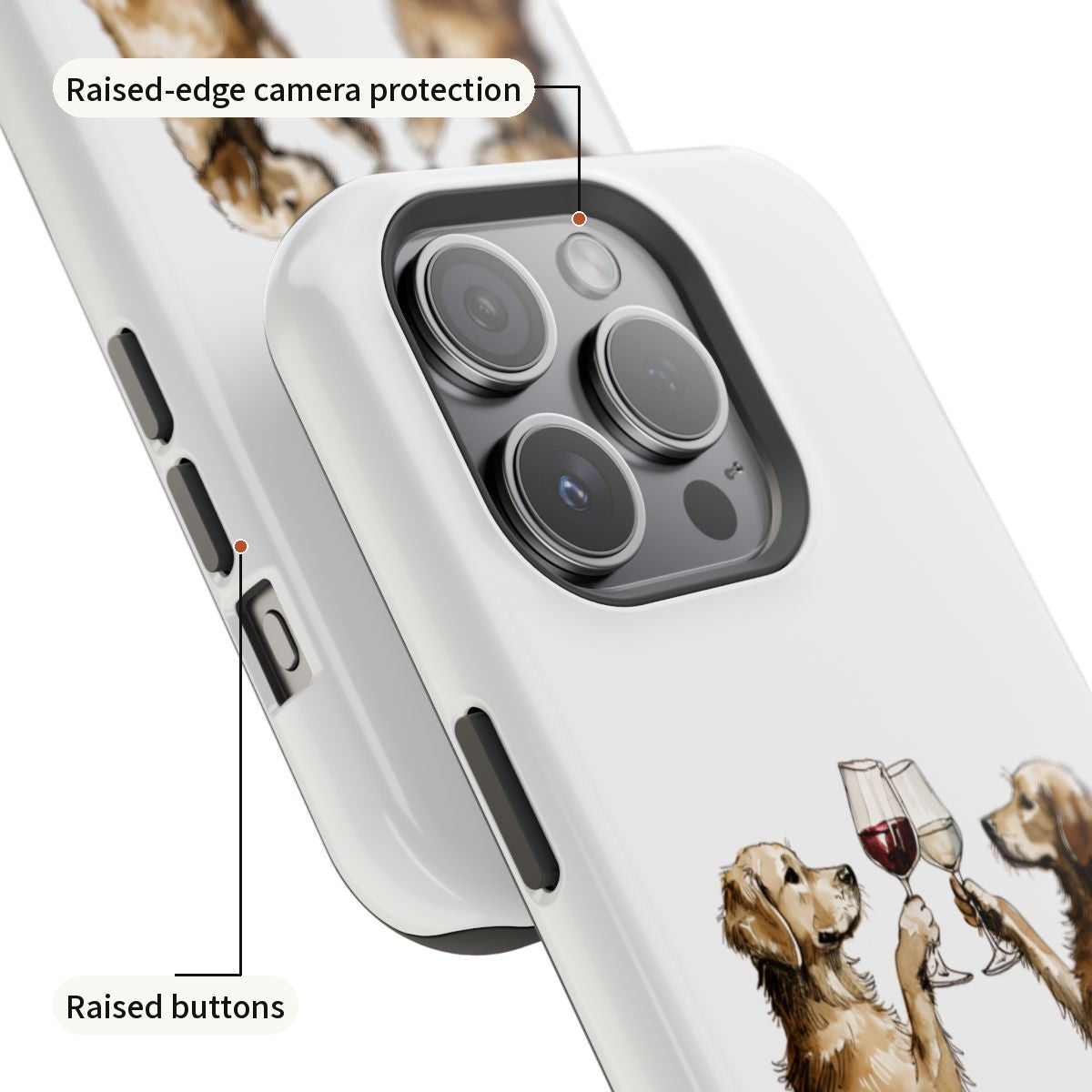 Happy Hour Golden Retriever Phone Case camera and button detail