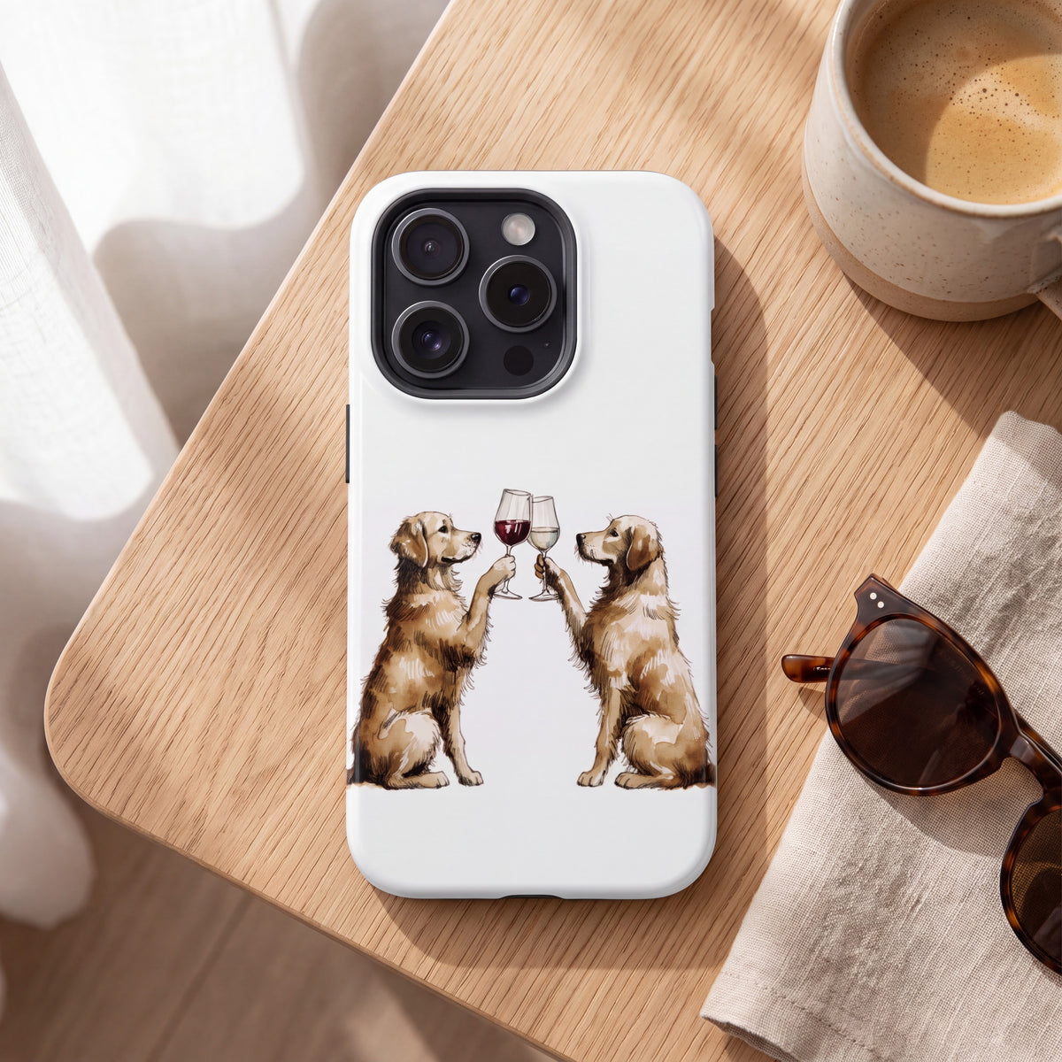 Happy Hour Golden Retriever Phone Case lifestyle on a desk