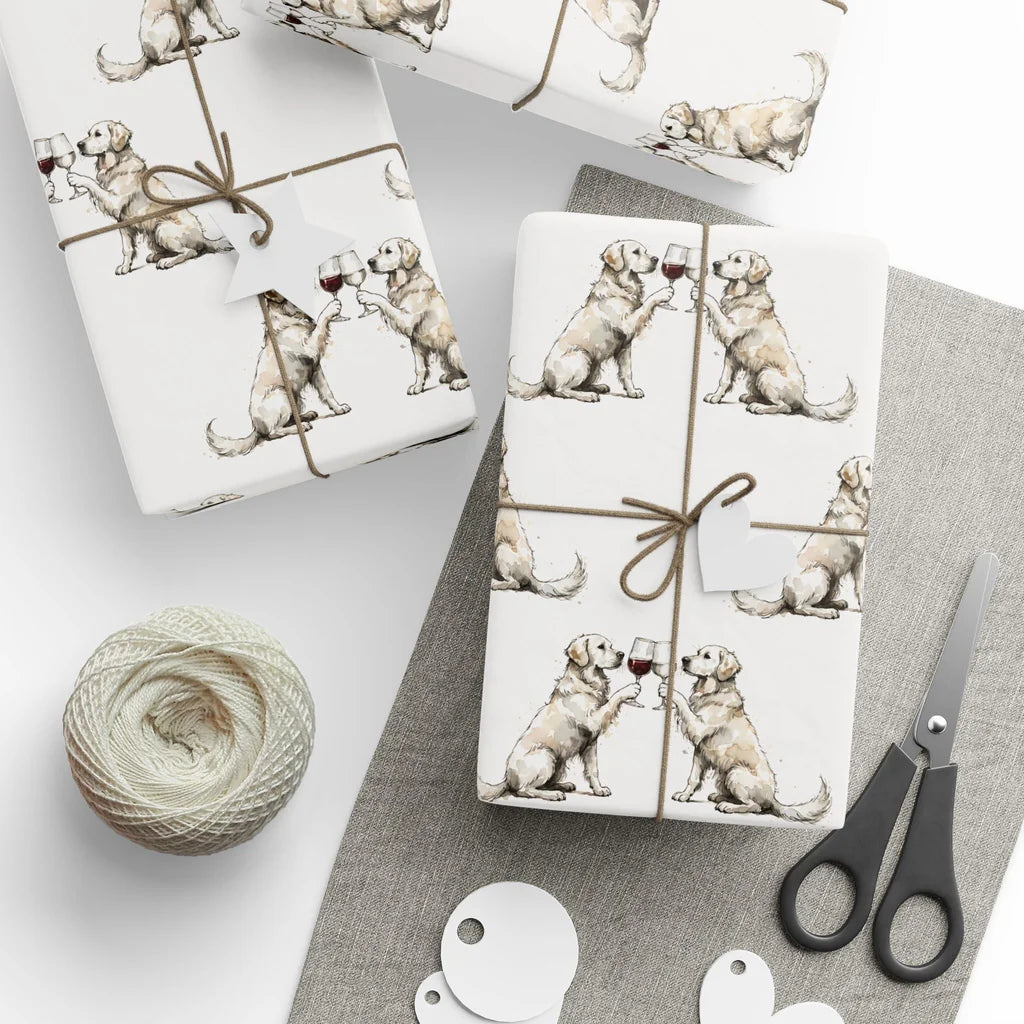 Happy Hour Golden Retriever Wrapping Paper — styled gift wrapping with scissors and twine