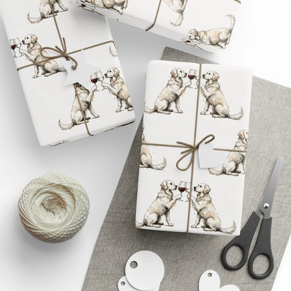 Happy Hour Golden Retriever Wrapping Paper — styled gift wrapping with scissors and twine