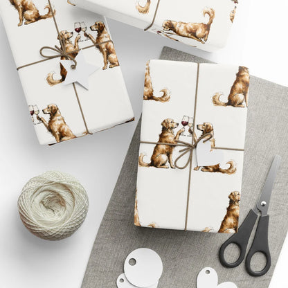 Happy Hour Golden Retriever Wrapping Paper — styled gift wrapping with scissors and twine