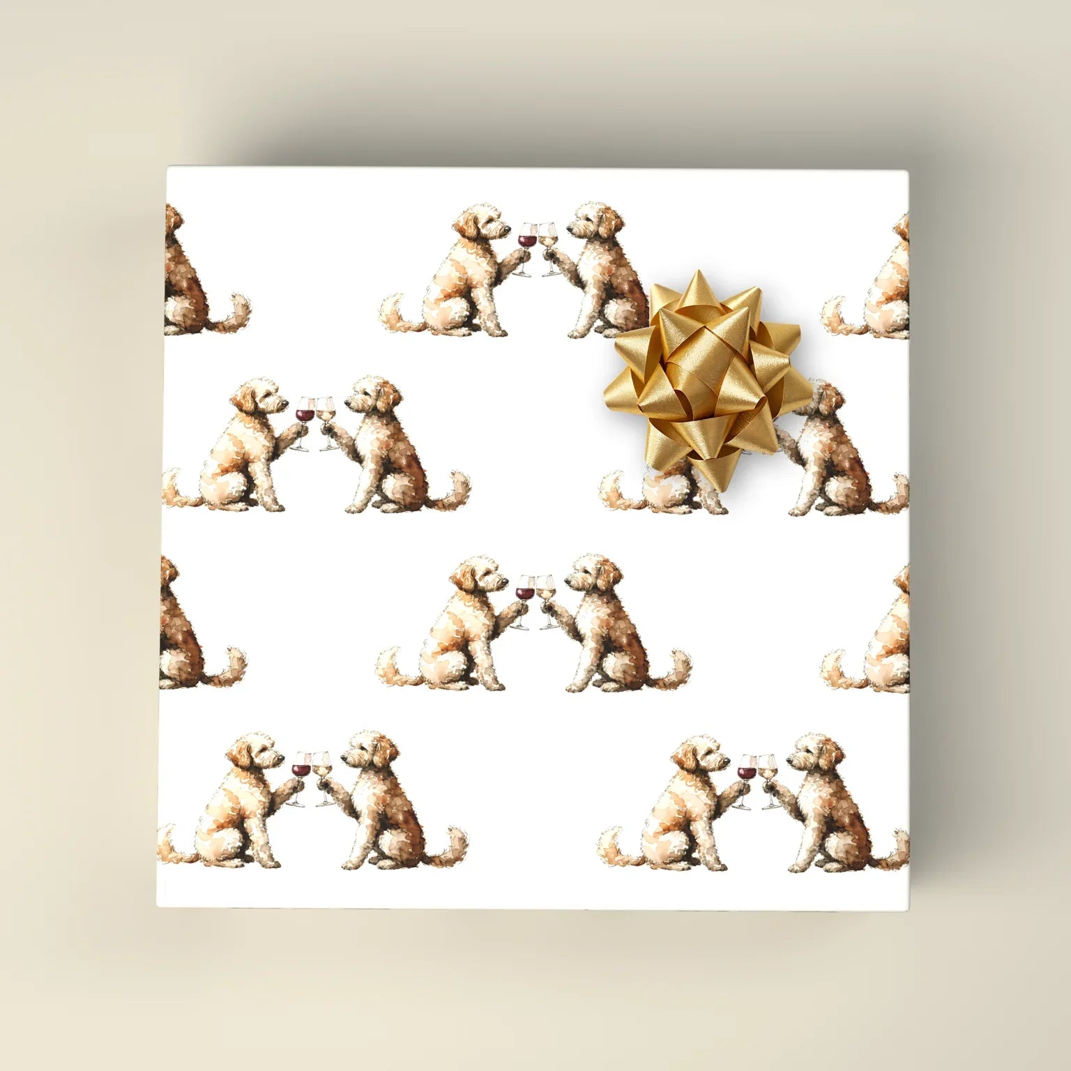 Happy Hour Goldendoodle Wrapping Paper — wrapped gift presentation