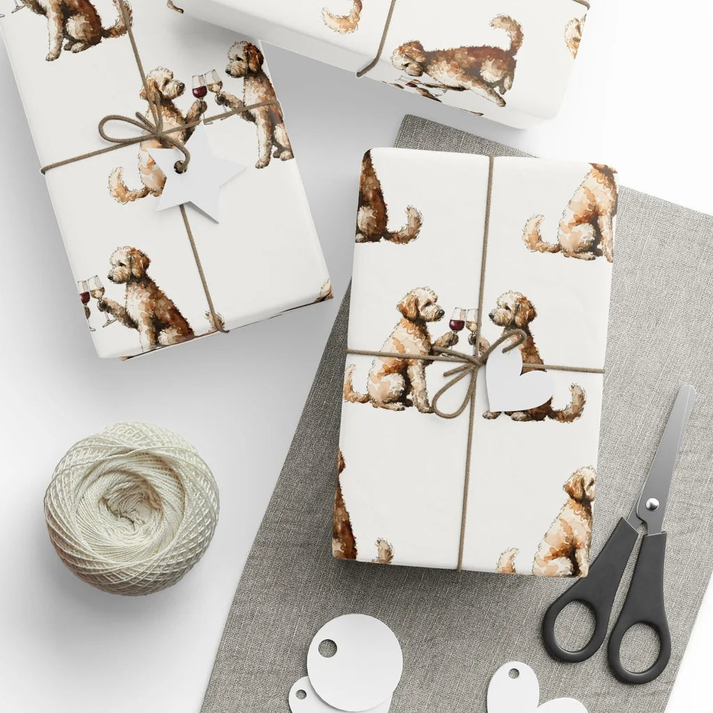 Happy Hour Goldendoodle Wrapping Paper — styled gift wrapping with scissors and twine