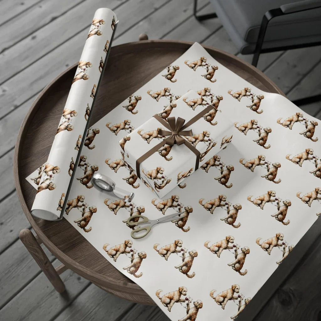 Happy Hour Goldendoodle Wrapping Paper — gift wrapping presented on a wooden table