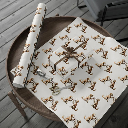 Happy Hour Goldendoodle Wrapping Paper — gift wrapping presented on a wooden table