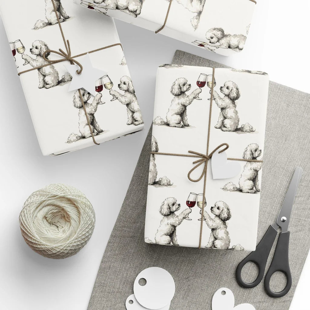 Happy Hour Maltipoo Wrapping Paper — styled gift wrapping with scissors and twine