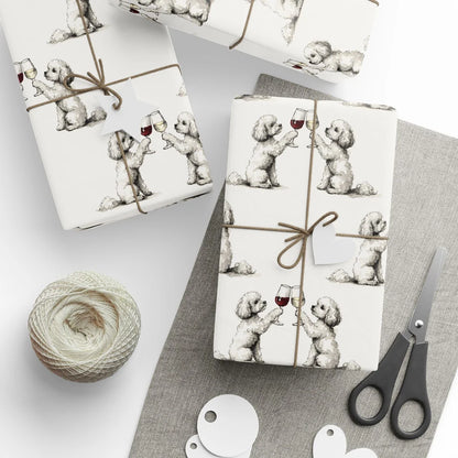 Happy Hour Maltipoo Wrapping Paper — styled gift wrapping with scissors and twine