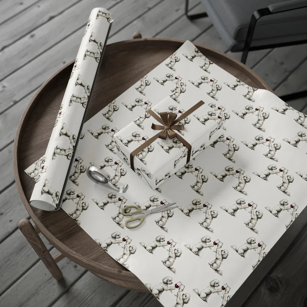 Happy Hour Maltipoo Wrapping Paper — gift wrapping presented on a wooden table